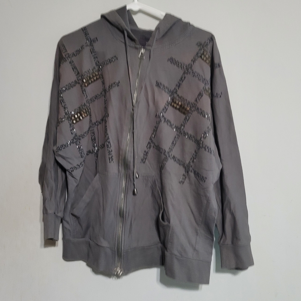 Womens Hoodie Large Gray Zip Up Sweatshirt Beads Reputation Era Vibes Forever 21